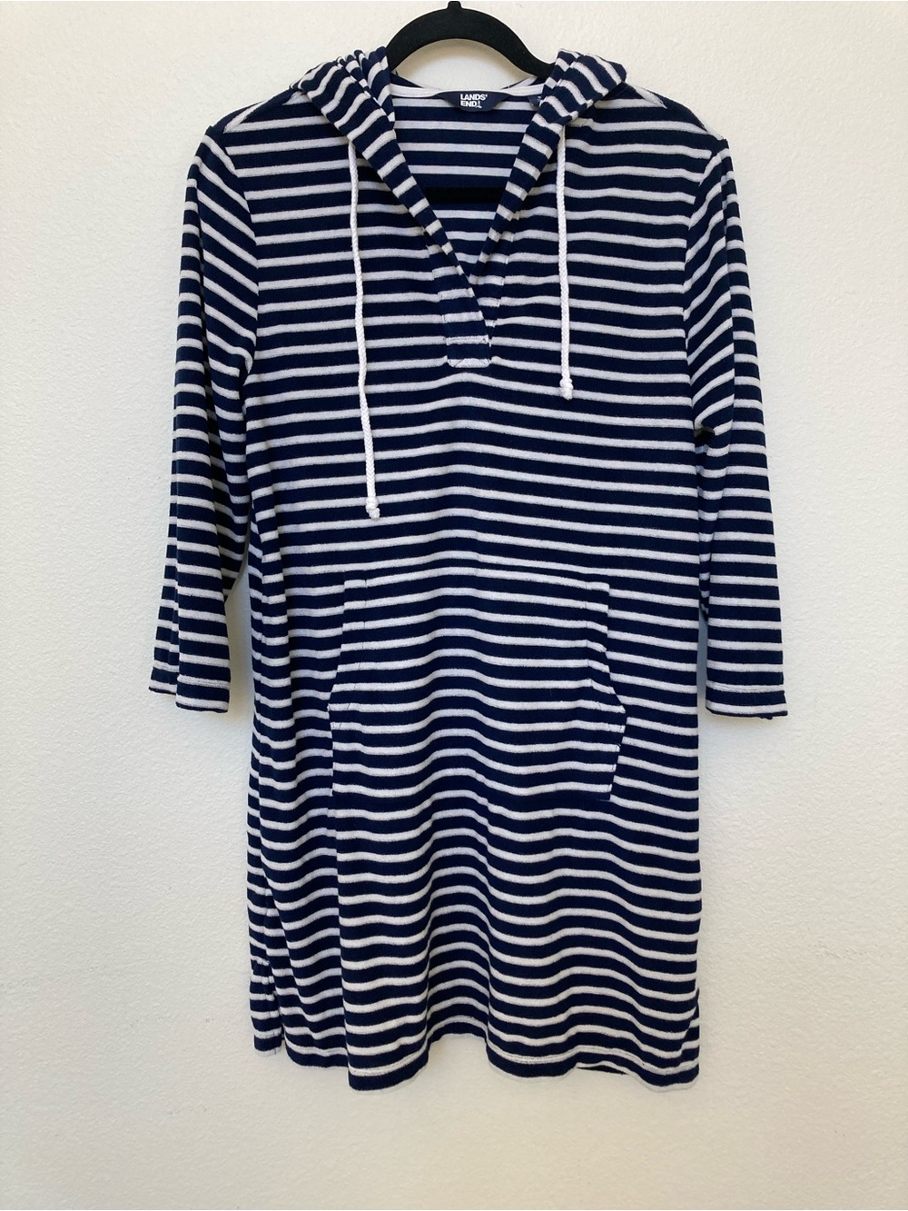 Lands' End Navy and White Striped Hooded Swim Coverup Tunic Dress